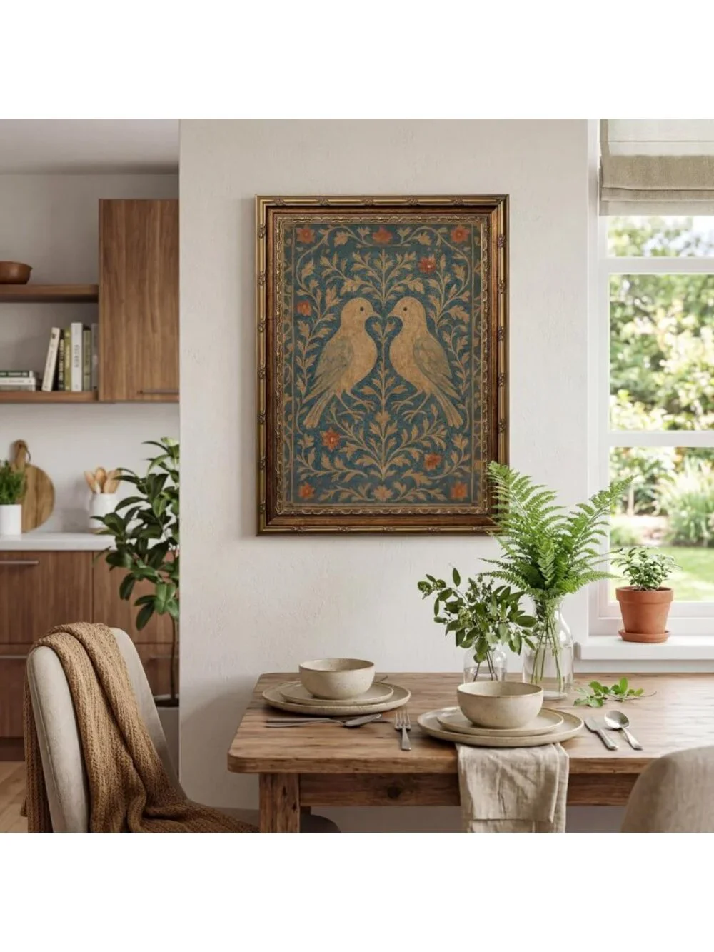 Vintage Lovebirds Wall Art | Folk Floral Bird Canvas Print | Home Decor 8x10